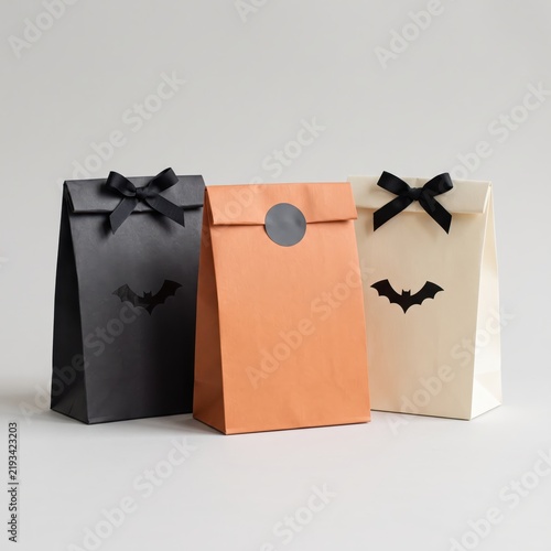 Halloween party favor bags in black, orange and cream with bows and bat decorations