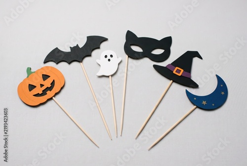Halloween party photo booth props with pumpkin, bat, ghost, cat mask, witch hat and moon