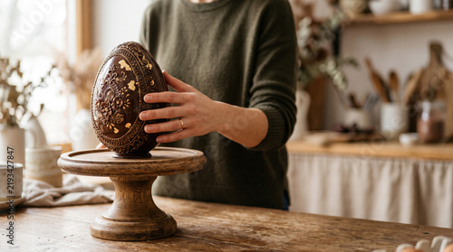 Person holding ornate chocolate Easter egg decorated with gold leaf on a wooden cake stand