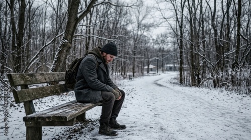 Stressed male feeling depressed and lonely on a park bench in winter