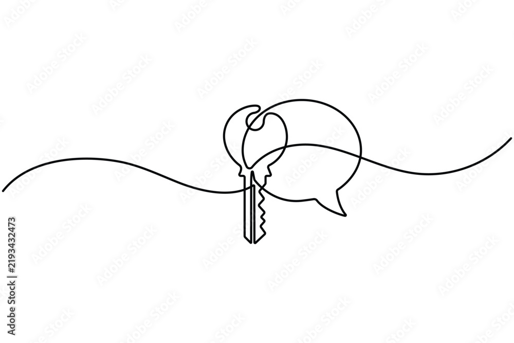 Obraz premium Key speech bubble continuous line art with editable stroke and minimal outline design