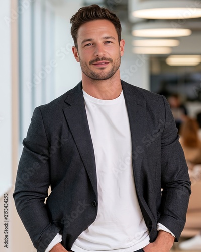 Fashion lifestyle portrait of a man in a dark blazer and white t-shirt, standing confidently in a modern office environment with soft lighting and blurred background