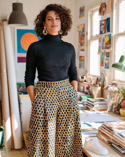 Fashion lifestyle portrait of a woman with curly hair wearing a black turtleneck and patterned wide-leg pants, standing in a bright creative workspace with art supplies