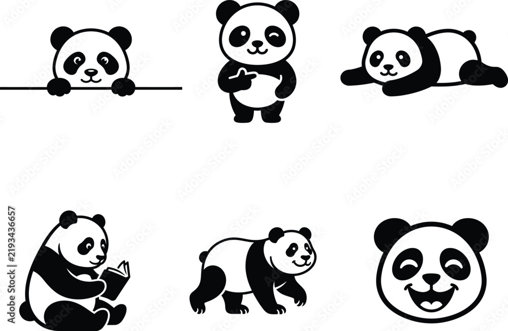 Obraz premium Cute cartoon pandas in various playful and relaxed poses with transparent background