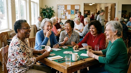 Diverse group of seniors laughing and playing cards together in a community center