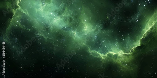 A stunning celestial nebula in vibrant green hues, speckled with distant stars, creates a breathtaking cosmic backdrop, evoking wonder and mystery.