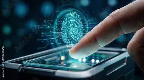 Human finger touching a digital glass scanner to activate biometric security verification with bright glowing blue neon circuit board lines