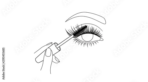 Black and white line art illustration of a hand applying black mascara to eyelashes with eyelashes