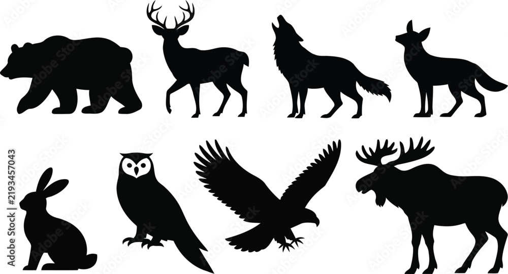 Fototapeta premium Assorted wild animal silhouettes featuring a bear, deer, wolf, fox, rabbit, owl, eagle, and moose isolated on a white background, for wildlife