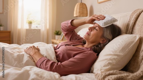 Mature Latina woman resting on her side in a softly lit bedroom with a reusable cold compress against her forehead, expressing mild headache discomfort and fatigue.