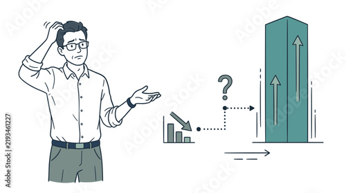 Confused businessman looking at a downward graph while contemplating upward business growth.