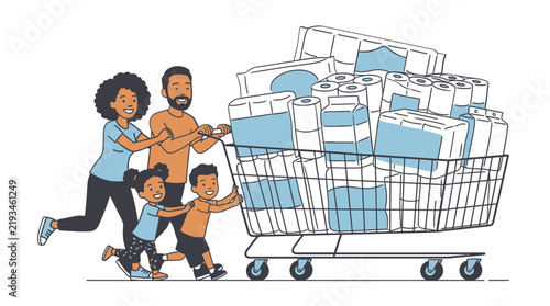 Happy family pushing full shopping cart with groceries, enjoying shopping for household needs.
