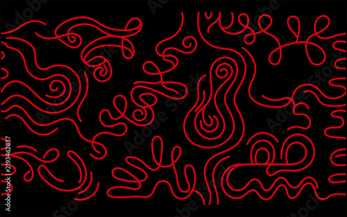 Set of abstract continuous line art patterns with hand drawn red scribbles on black background.