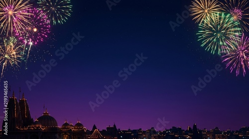 Deepavali festival night sky background. City temple silhouette and colorful fireworks with copy space.