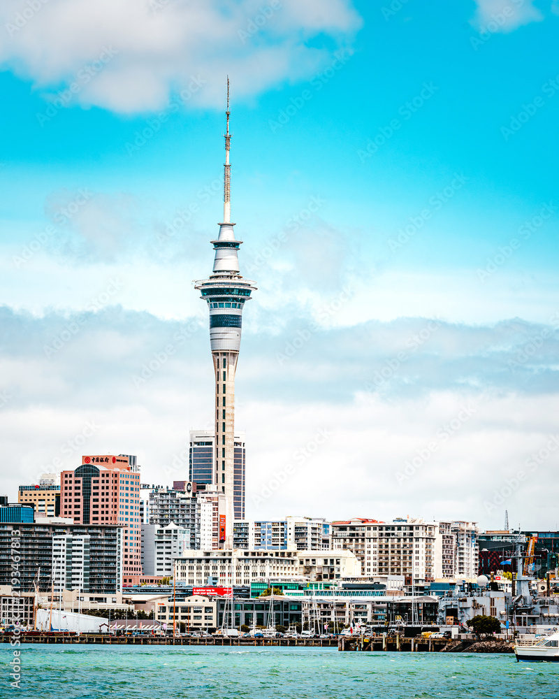 Obraz premium Auckland Sky Tower and waterfront cityscape under a bright blue sky, New Zealand