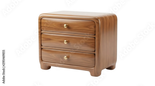 Wooden nightstand bedside table with three drawers and gold handles isolated on white background for home bedroom interior