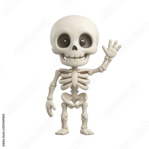 Cute skeleton character waving hand in friendly greeting for Halloween celebration and kids party design isolated on white background