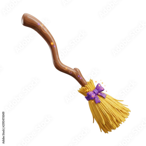 Magic witch broomstick with purple ribbon bow isolated on white background for Halloween holiday and fantasy decoration