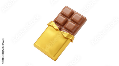 Chocolate bar partially unwrapped in golden foil wrapper isolated on white background for confectionery sweets, cocoa dessert treat, snack food and product mockup