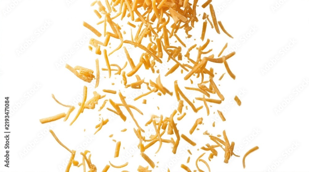 Obraz premium Golden cheese shreds cascade downward against pure white. Each shard gleams with warm, inviting texture. Motion frozen mid-air, suggesting crisp freshness. Perfect for food, cooking