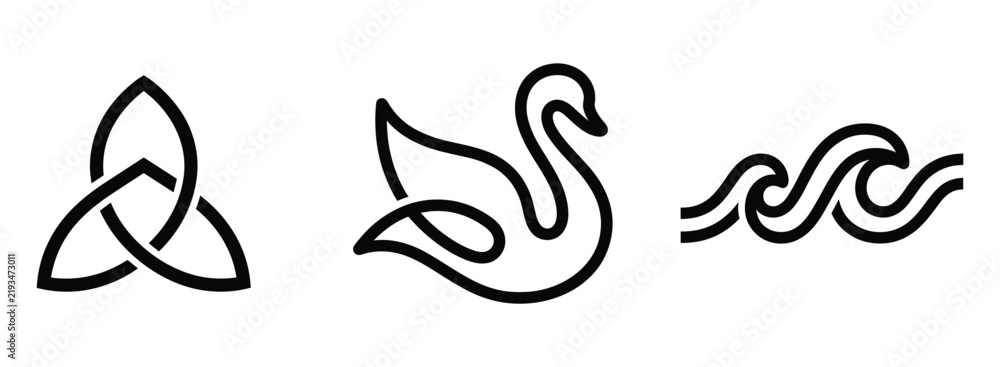 Obraz premium Collection of three black line featuring a triquetra knot, a stylized swan silhouette, and a flowing wave pattern isolated on a white background, for minimalist