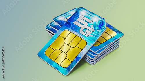 Принти на полотні 5G SIM cards isolated on green background. 3D illustration