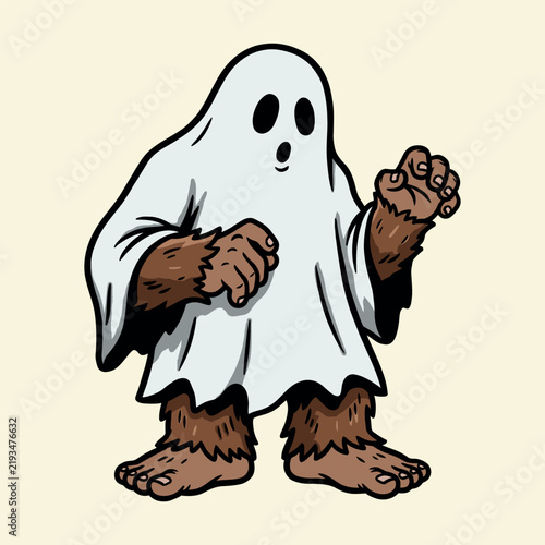 Bigfoot character wearing a white ghost costume for Halloween vector