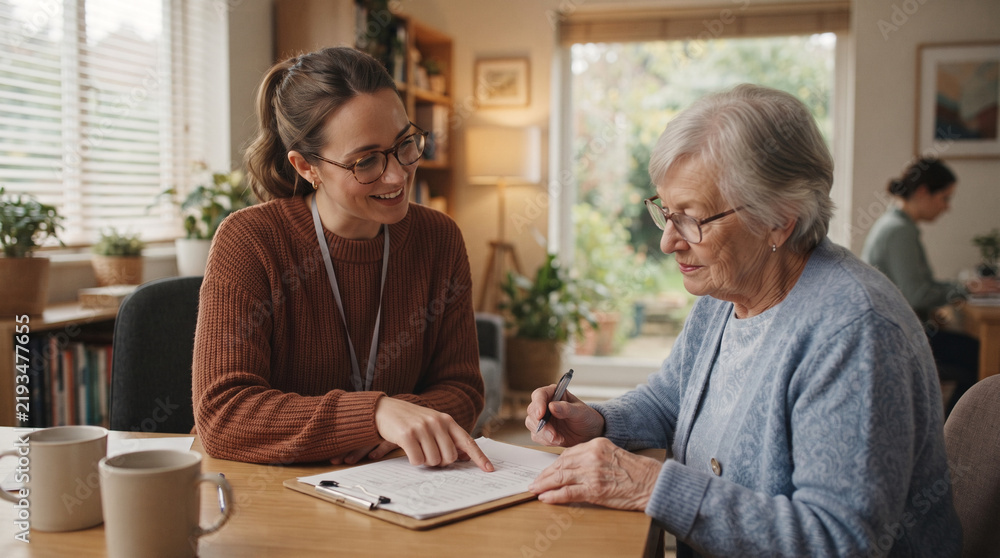 Fototapeta premium Senior woman reviews document with younger advisor in cozy home office setting
