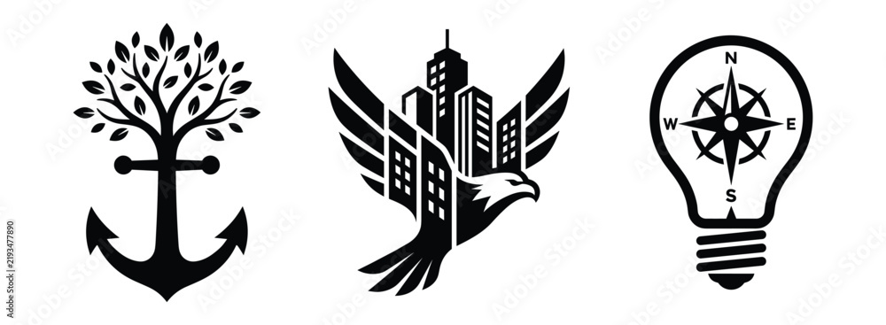 Fototapeta premium Set of three black on a white background, featuring a tree, growing from an, anchor, a soaring, eagle composed of, city buildings, and, a lightbulb containing, a directional compass rose