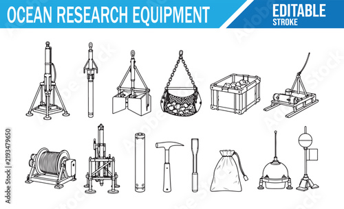 Marine Research Equipment Line Icon Set with Oceanographic Instruments Buoys and Sampling Tools