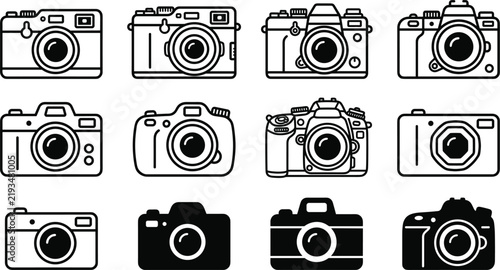 Foto Professional photography camera line and silhouette icons set featuring retro ra