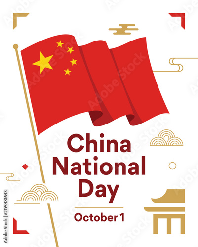 China National Day Flag Poster With Traditional Elements Flat Vector Illustration Art