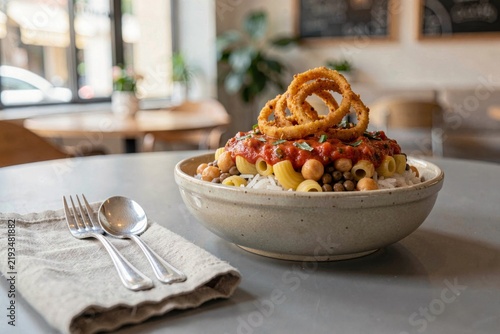 Koshary served in bowl, featuring rice, pasta, lentils, chickpeas, fried onions, and tomato sauce. Concept of inviting cafe ambiance, warm atmosphere, blurred background.