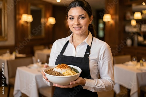 Young woman with long dark hair, white button-down shirt, black apron, smiling, holding bowl of Koshary, cozy restaurant atmosphere. Concept of warmth, rice, pasta, lentils, chickpeas, fried onions.
