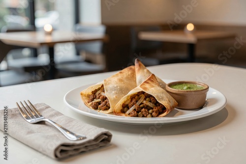 Samboosa with ground beef, onions on white plate, accompanied by small bowl of green sauce. Concept of cozy dining atmosphere featuring fried pastry with meat lentils onions.