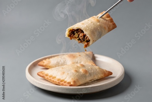 Close-up of samboosa with skewer dipping into freshly cooked fried pastry filled with meat and vegetables. Concept of flaky crust, golden-brown color, and delicious aroma.