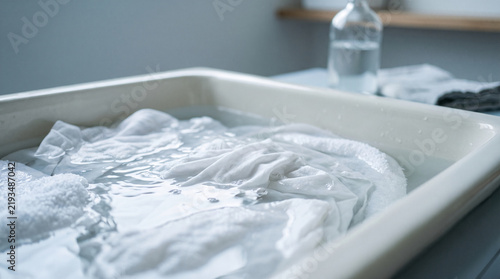 White laundry soaking in water in a basin with a bottle nearby