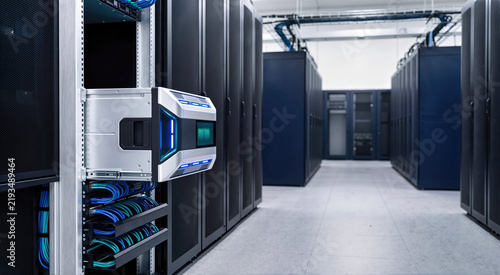 Obraz na płótnie Luminous silver server computing module extended from dark high tech data center rack with blue cabling. Advanced enterprise network storage infrastructure, cloud computing hardware and IT server room