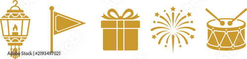 Set of five golden festival icons including a lantern flag gift box fireworks and drum on white