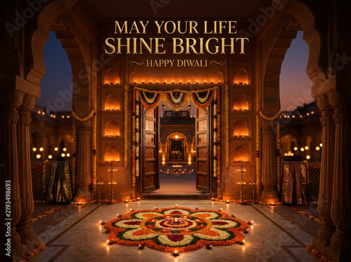 Happy Diwali Greeting Card with Rangoli Design and Oil Lamps in Luxury Indian Palace Temple Entrance Gold Text Banner for Festive Social Media Post.