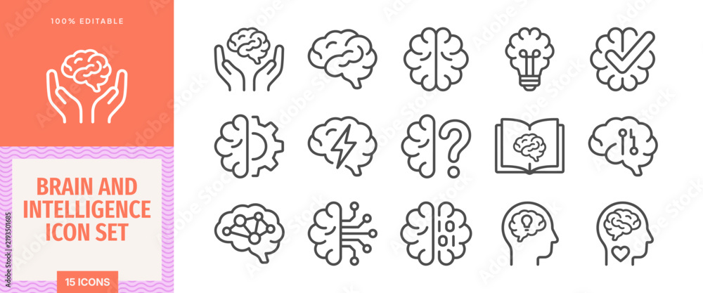 Fototapeta premium Brain and intelligence icon set, thin line style, vector illustration of human brain symbols for mental health, education, innovation, and artificial intelligence