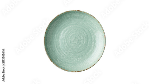 Canvas Print Textured aquamarine ceramic plate with rustic brown rim, isolated on transparent