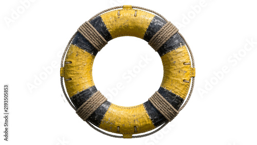 Konstfotografi Yellow and black striped life preserver ring with rope, isolated on transparent