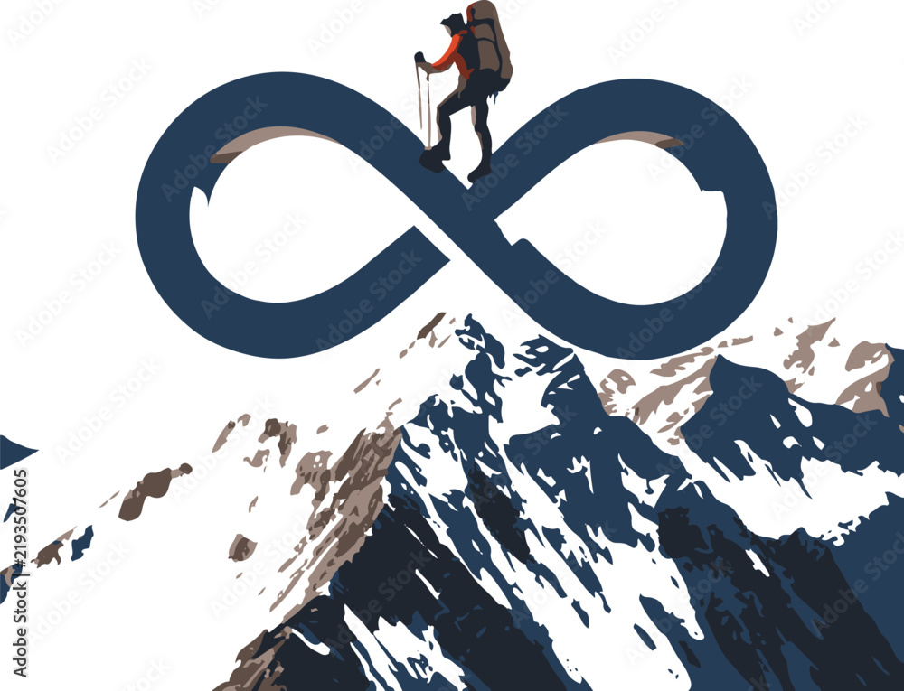 Fototapeta premium Mountain Summit Climber Infinity Symbol Representing Adventure, Challenge and Freedom 2