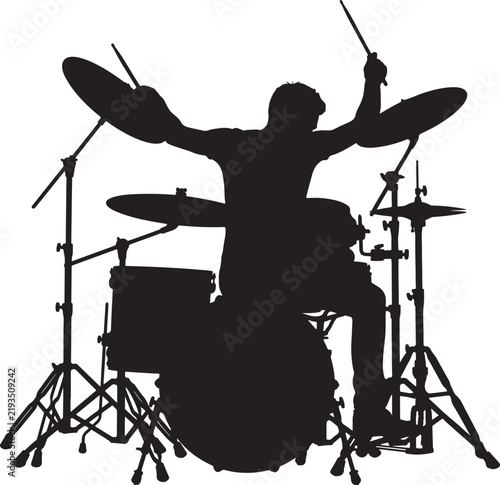 Drummer Playing Drum Kit Silhouette Vector Illustration, Male Musician Playing Drums Black Silhouette Icon