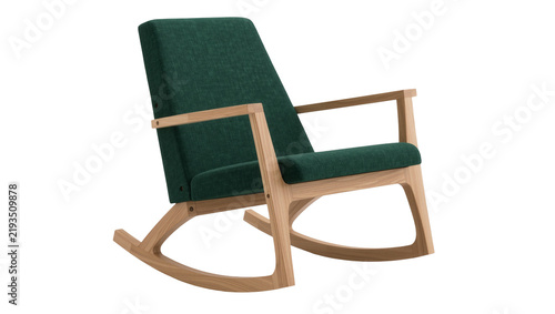 Obraz na płótnie Modern green upholstered rocking chair with natural wood frame, isolated on tran