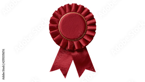 Crimson red rosette award ribbon with gold trim, isolated on transparent background