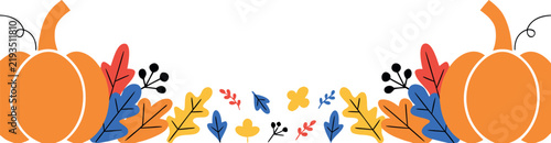 Two pumpkins with autumn leaves and flowers decorative fall border isolated on transparent background