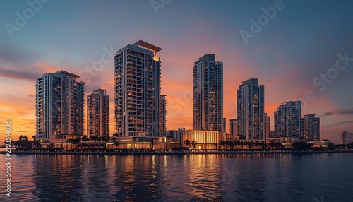 Modern high rise buildings along waterfront at sunset