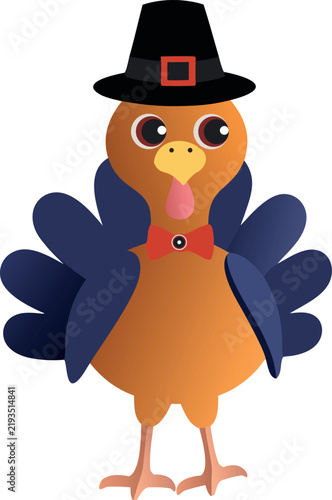 Cute cartoon thanksgiving turkey wearing a pilgrim hat isolated on transparent background